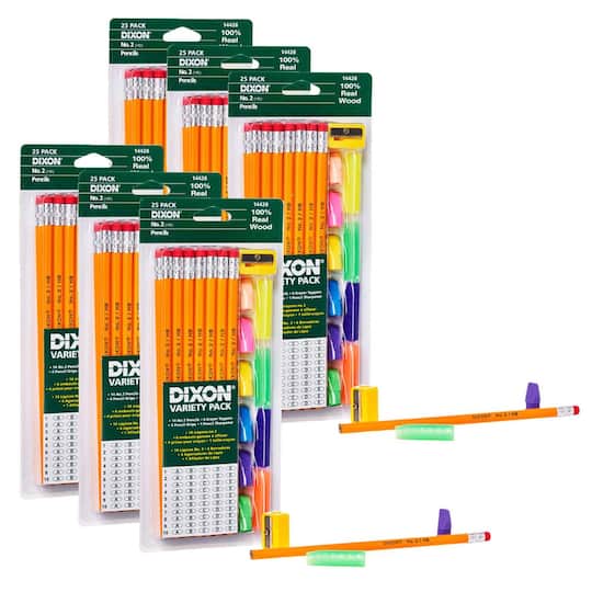 Dixon&#xAE; Variety Pack with #2 Pencils, Erasers, Pencil Grips and Sharpener Set, 6 Packs of 25